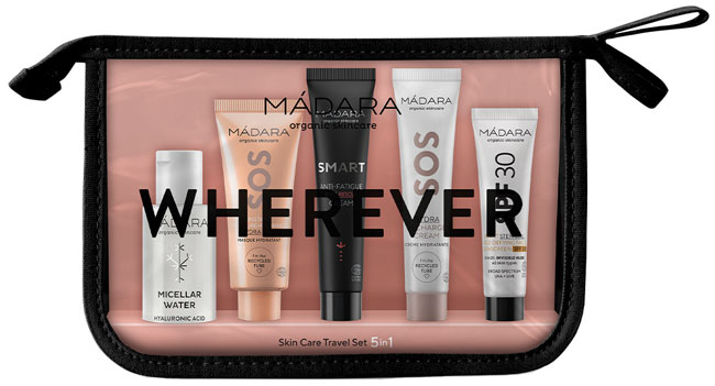 Mádara Travel Set Wherever Skin Care SET (Micellar Water 50ml + SOS Hydra Recharge Cream 15ml + SOS Hydra Moisture+Radiance Mask 17ml + Smart Antioxidants Anti-Fatigue Eye Rescue Cream 15ml + Age-Defying Sunscreen SPF30 Face 10ml)